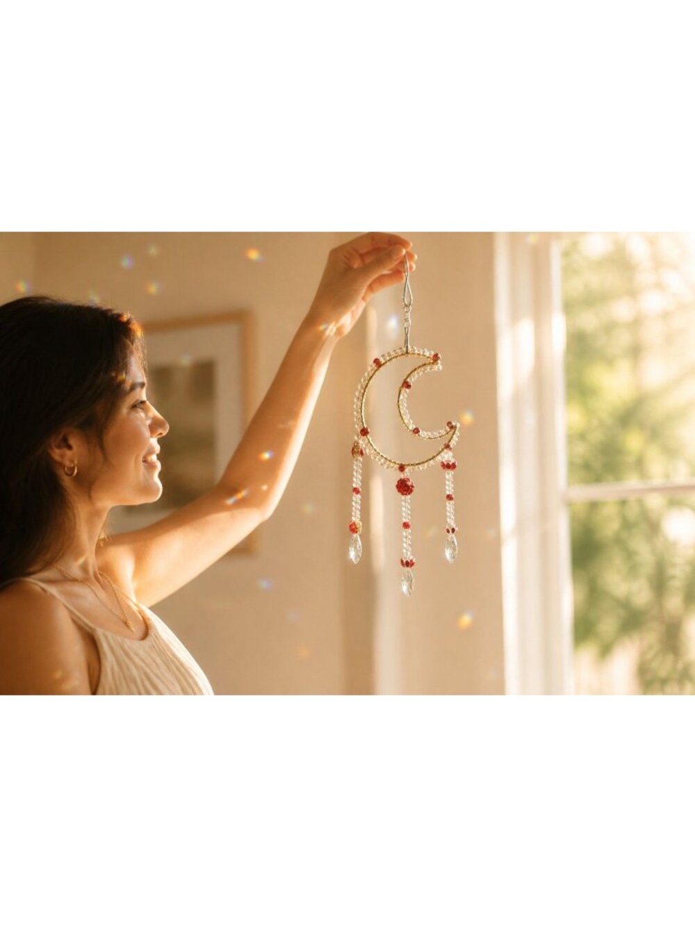 Moon Crescent Hanging Ornament With Beads & Crystals For Home Décor Or Gift
